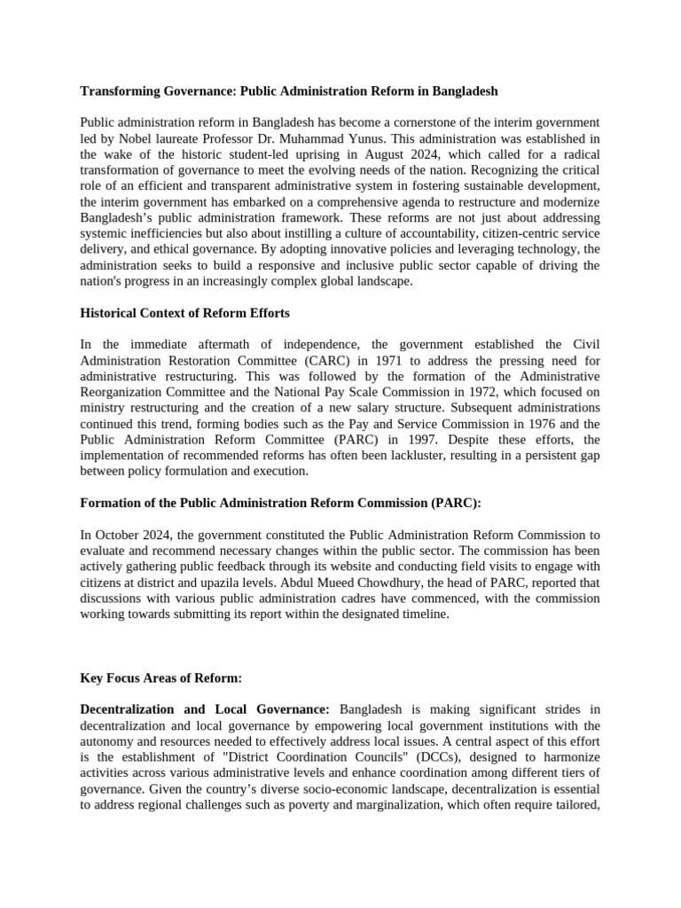 Transforming Governance Public Administration Reform in Bangladesh ...