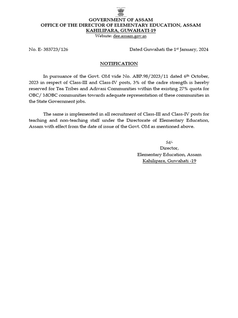 Notification On 3 Reservation of TT in Recruitment Dee Assam | PDF