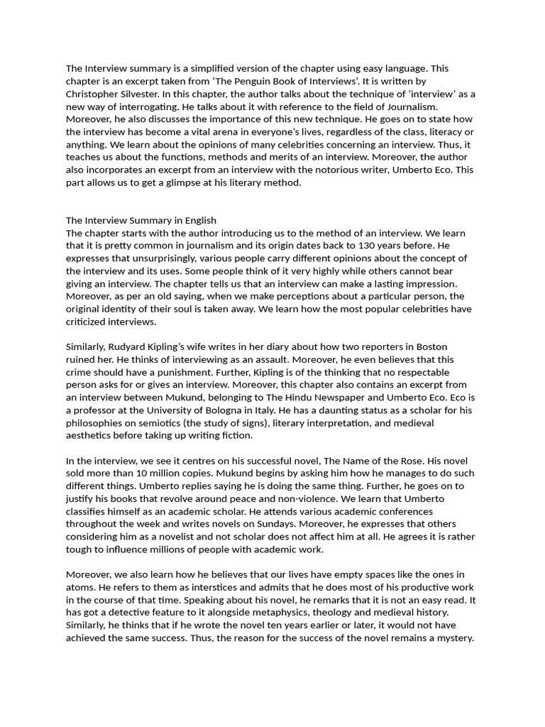 The Interview Summary Is A Simplified Version of The Chapter Using Easy ...