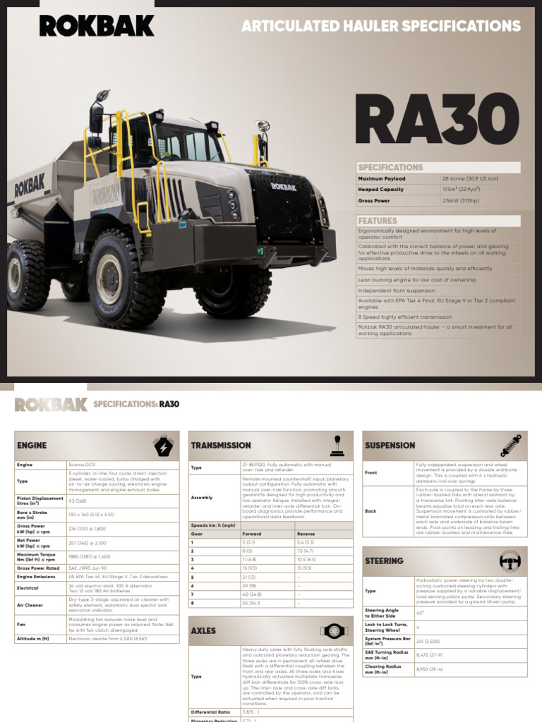 Rokbak RA30 Articulated Hauler Specs | PDF | Horsepower | Axle