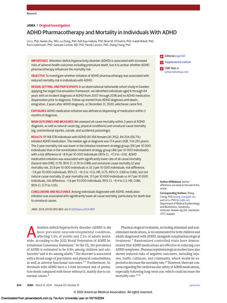 ADHD Pharmacotherapy and Mortality in Individuals With ADHD, JAMA March ...
