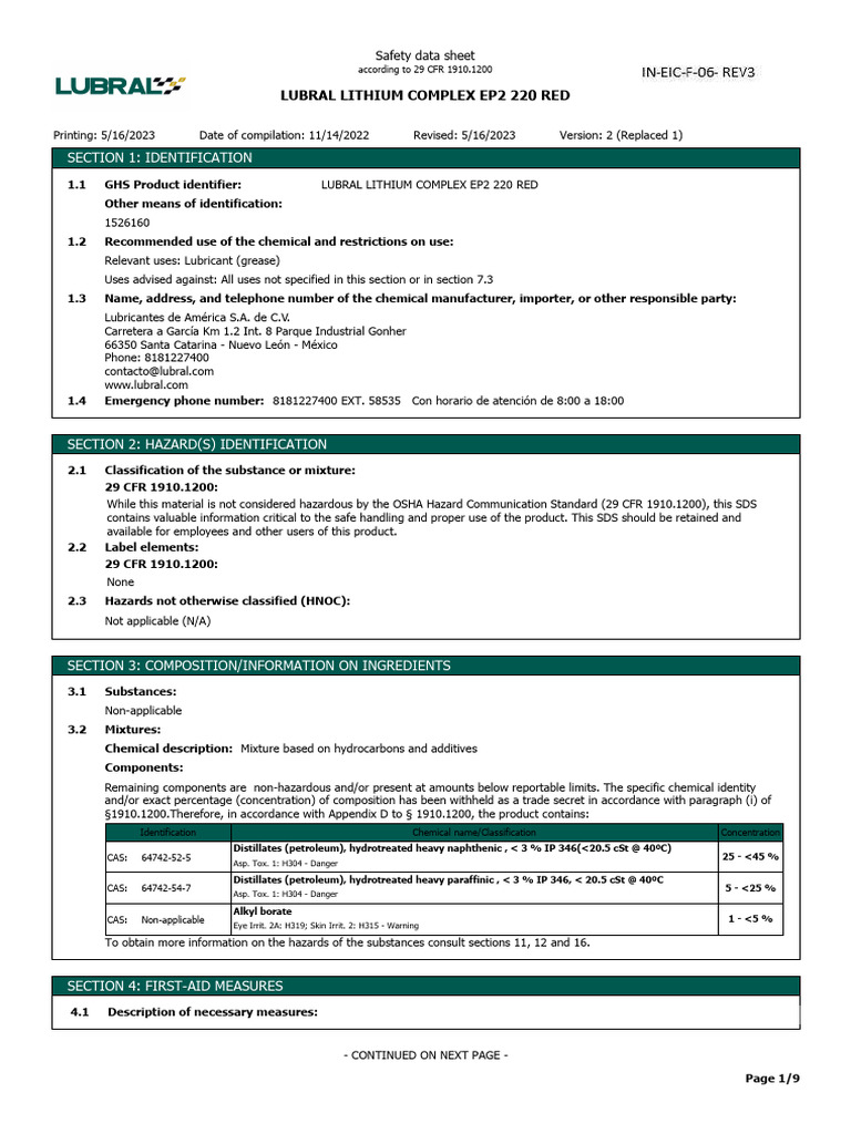 Lubral Lithium Complex EP2 220 Red SDS | PDF | Working Conditions ...