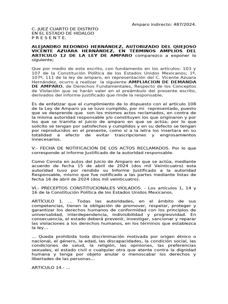Amparo Indirecto 487/2024 en Hidalgo | PDF | Demanda judicial ...