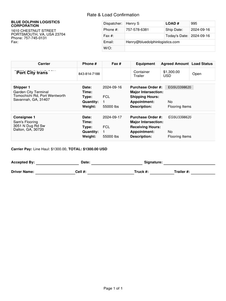 Blue Dolphin Logistics Load Confirmation | PDF | Land Vehicles | Supply ...