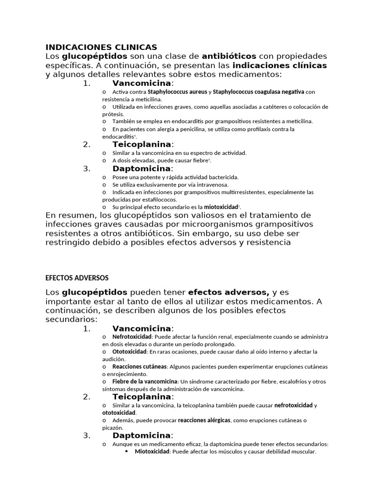 Indicaciones y Efectos de Glucopéptidos | PDF | Staphylococcus Aureus ...