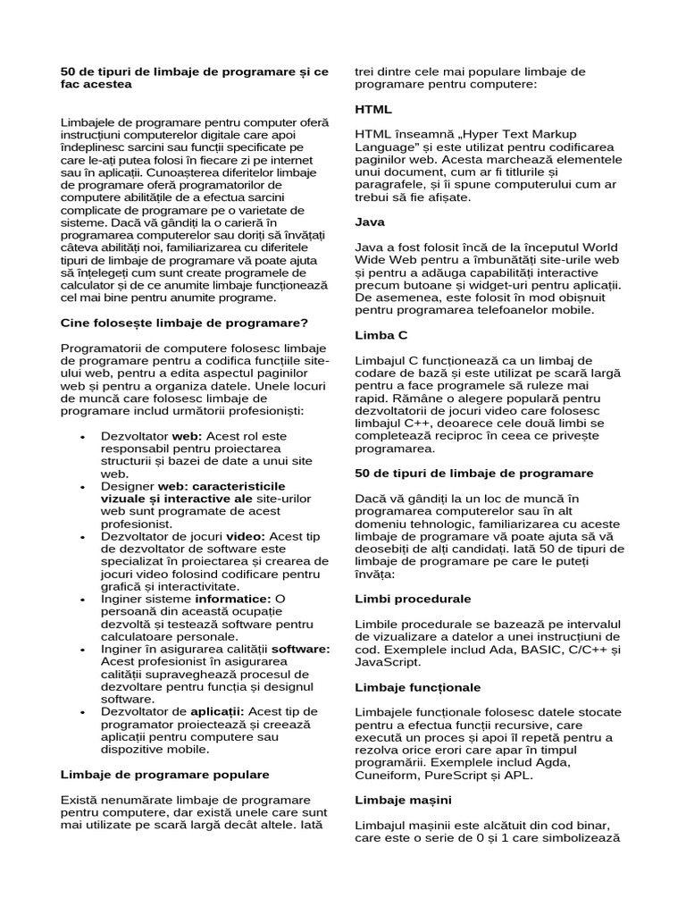 50 Tipuri de Limbaje de Programare Și Ce Fac Acestea | PDF