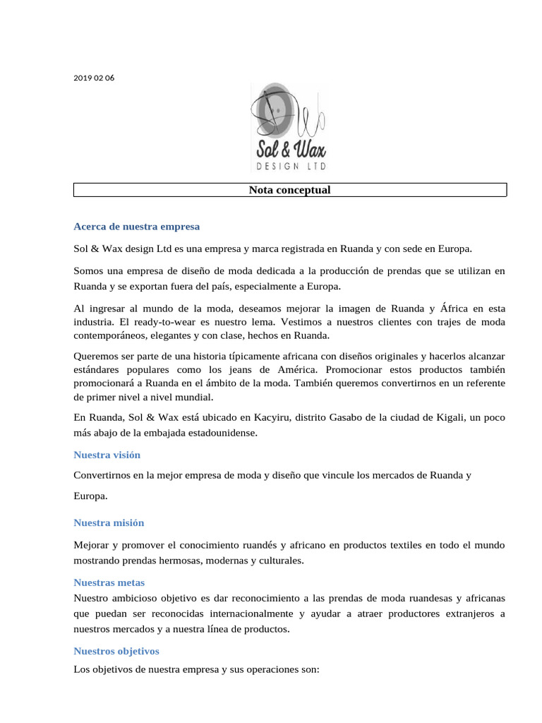 Muestra de Nota Conceptual para Una Empresa de Diseño de Ropa | PDF ...