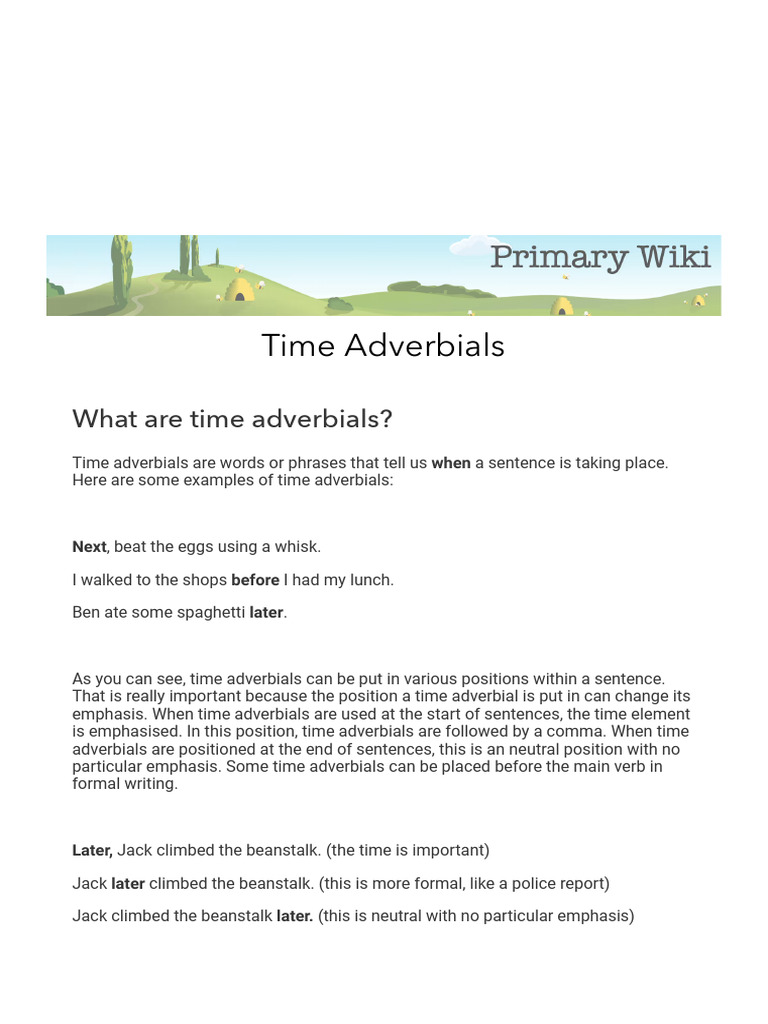 Time Adverbials Explained By Planbee Pdf