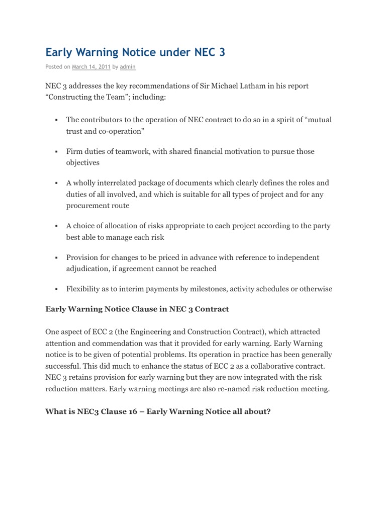 Early Warning Notice Under NEC 3 Damages Government