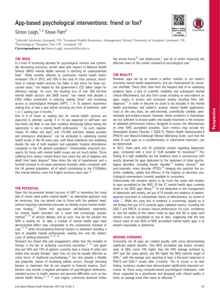 App Based Psychological Interventions Friend or Foe | PDF | Mental ...