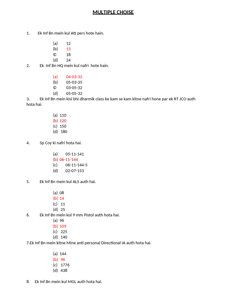 Inf Bn Structure and Equipment Quiz | PDF