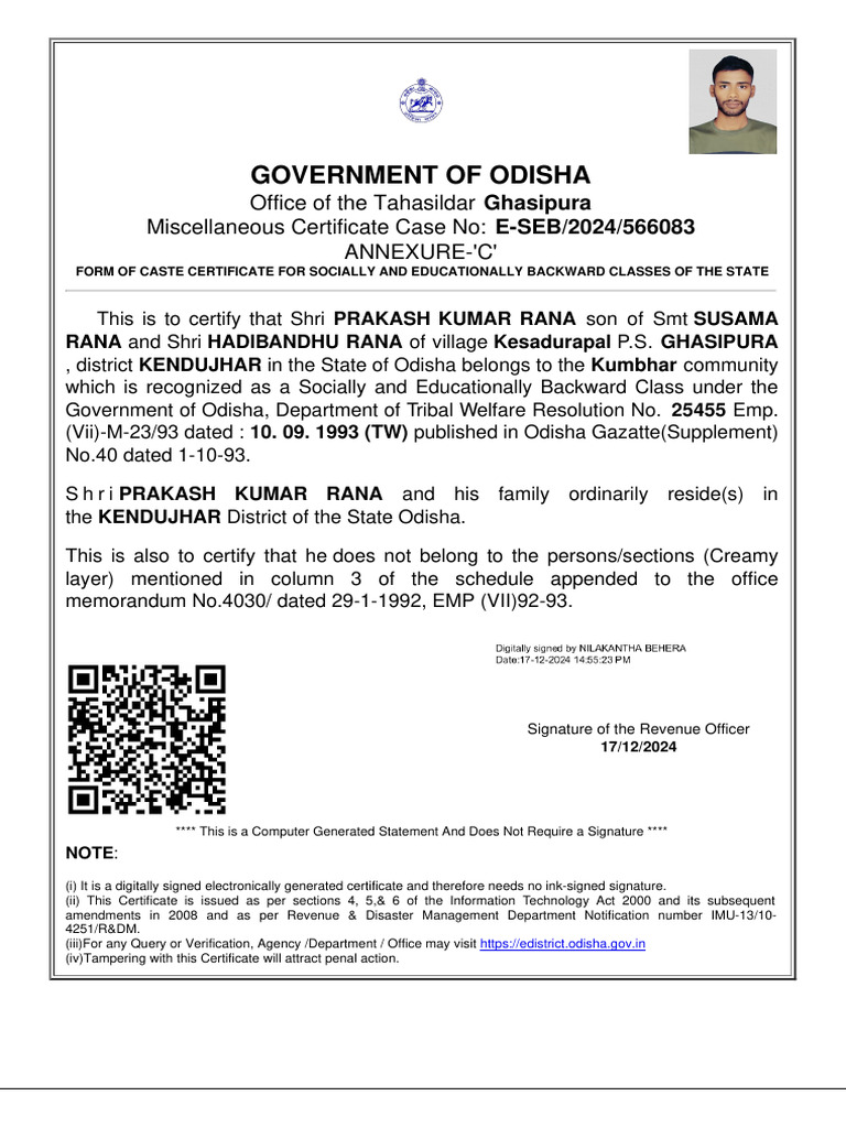 OBC Caste Certificate for Odisha | PDF