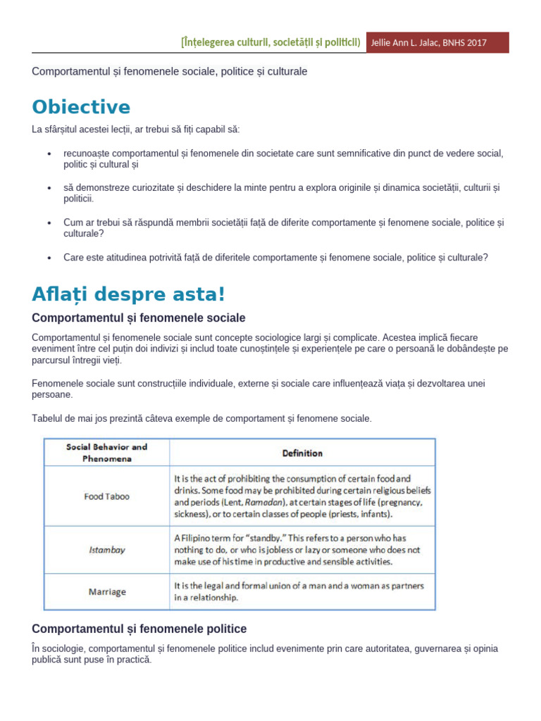 2 Comportament Și Fenomene Sociale, Politice Și Culturale | PDF