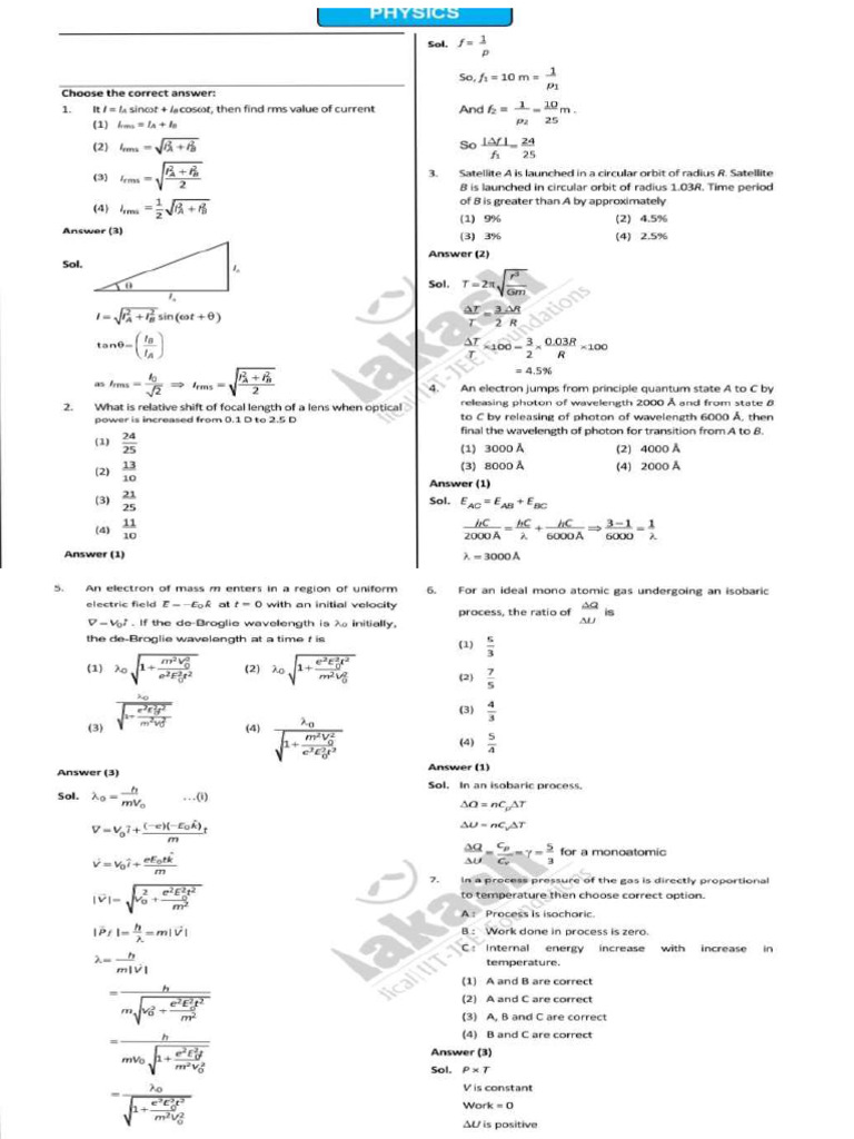 Answers and Solutions - JEE - Main 2025 - PH 1 - 24 01 2025 - Mor | PDF
