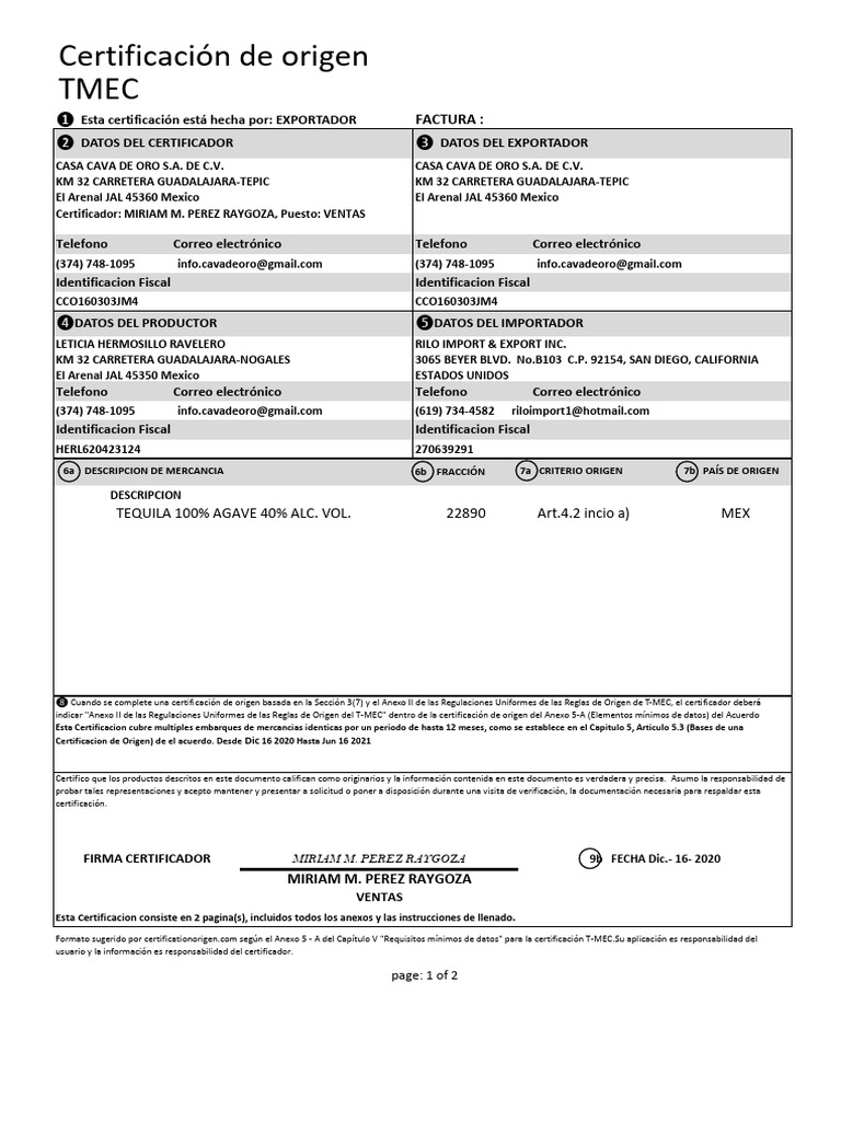 Certificación de Origen T-MEC Editable | PDF