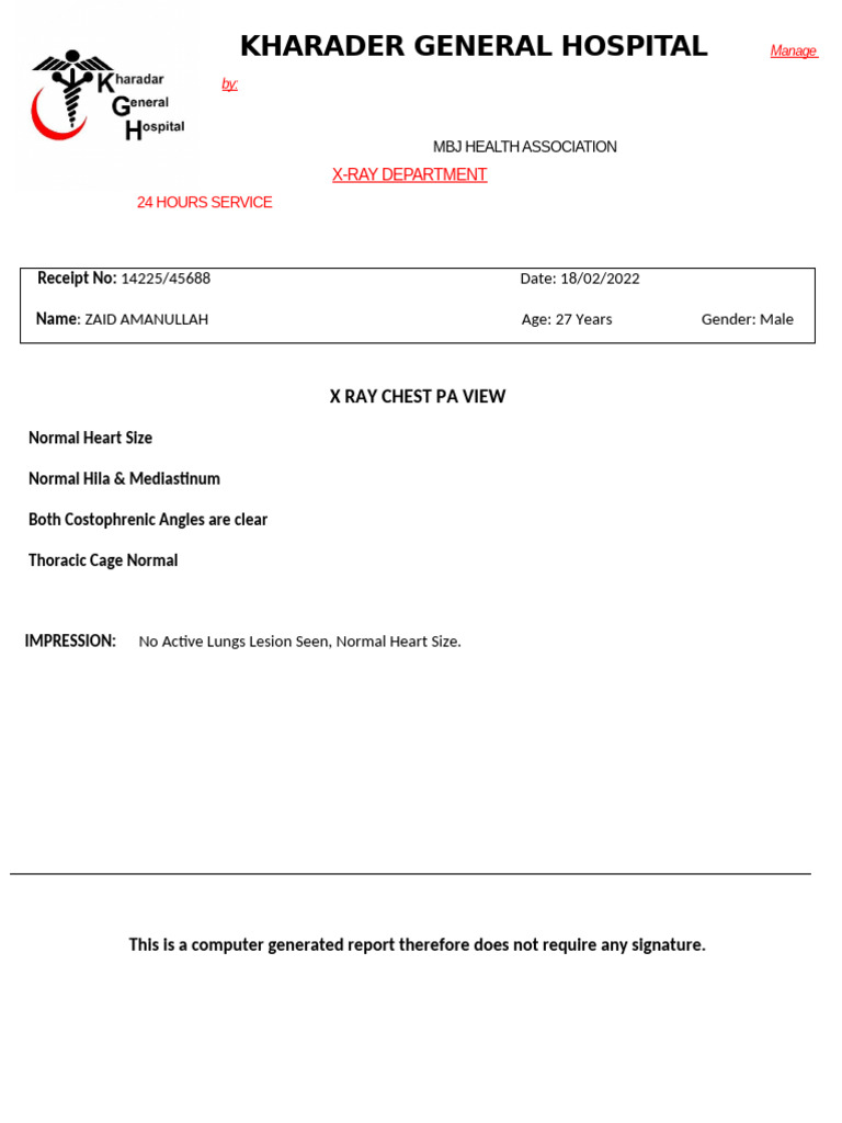 Kharadar Hospital X-Ray Report Summary | PDF