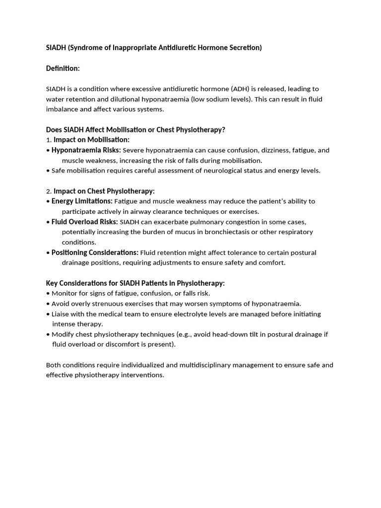 SIADH: Effects on Mobilisation & Physiotherapy | PDF