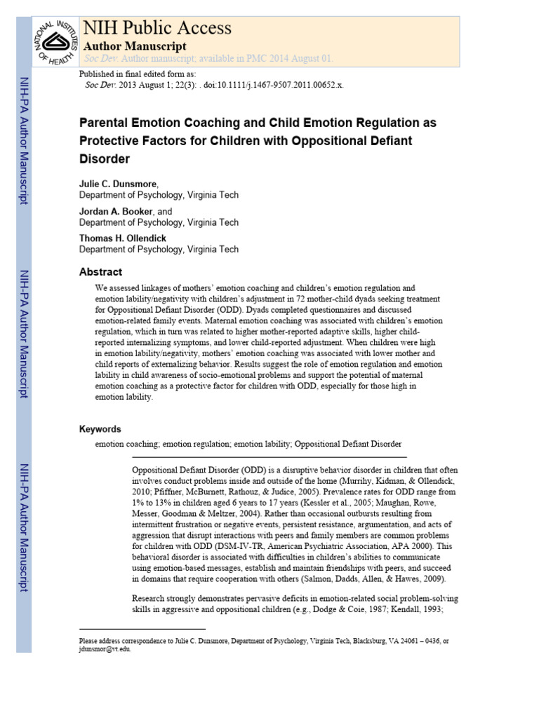 Parental Emotion Coaching and Child Emotion Regulation As Protective ...
