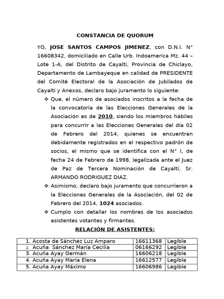 Constancia de Quorum Asociación Cayalti | PDF