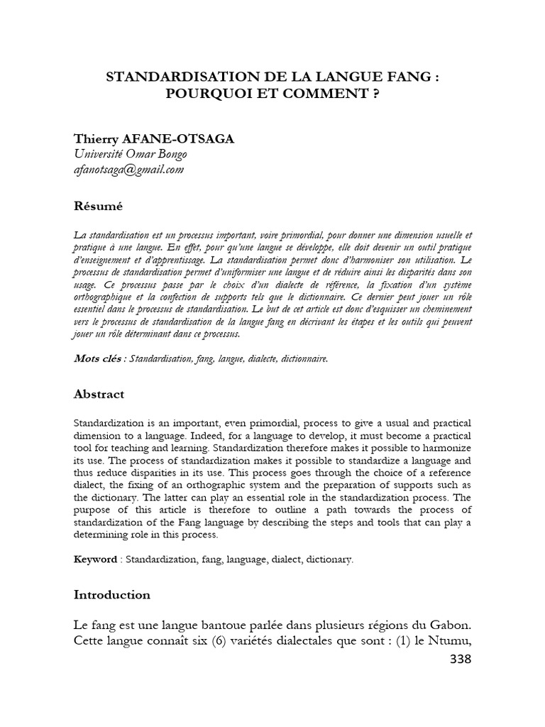 Standardisation de la langue fang | PDF | Dialecte | Dictionnaire