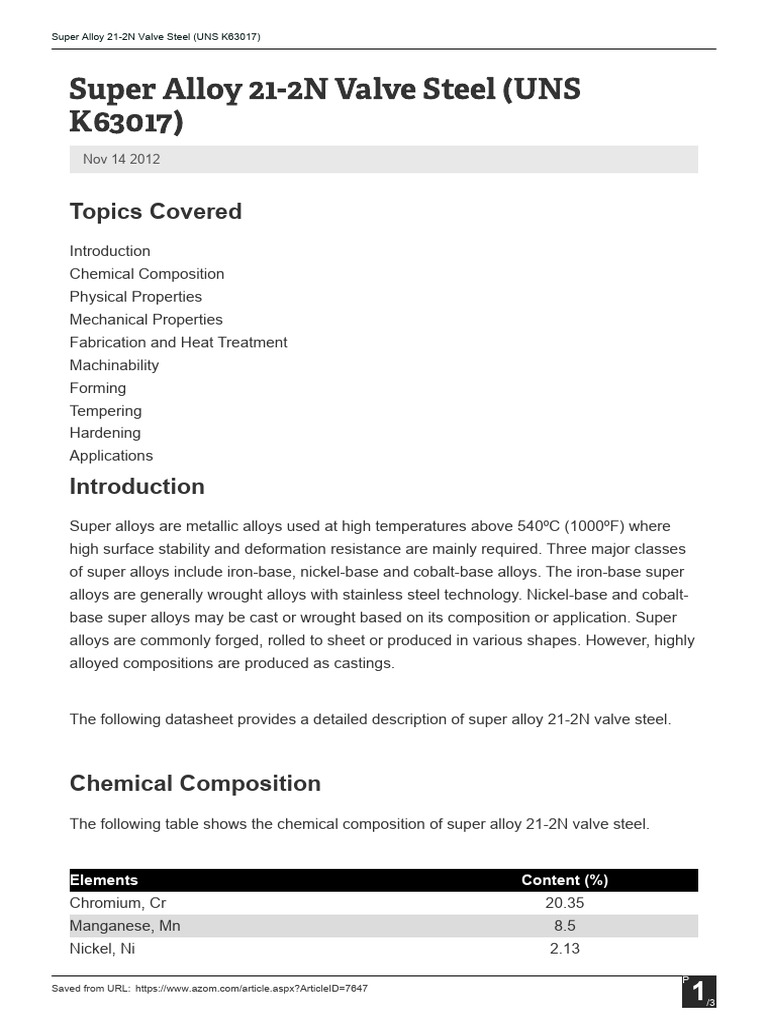 Super Alloy 21-2N Valve Steel Overview | PDF | Alloy | Steel