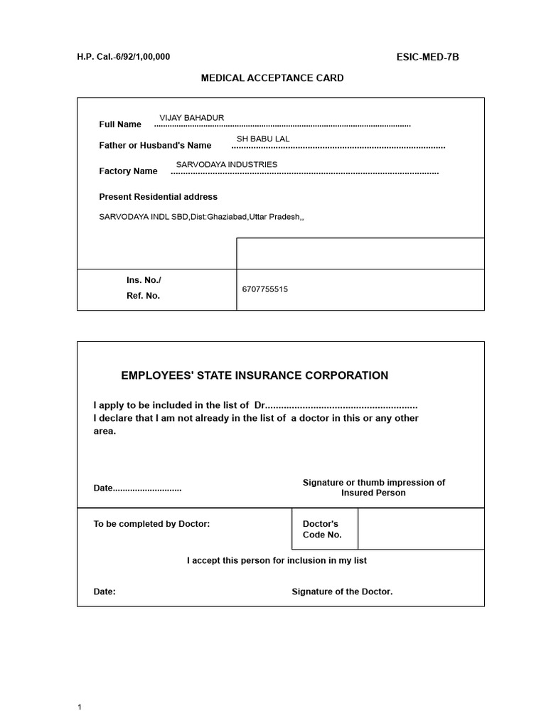 ESIC Medical Acceptance Card Form | PDF