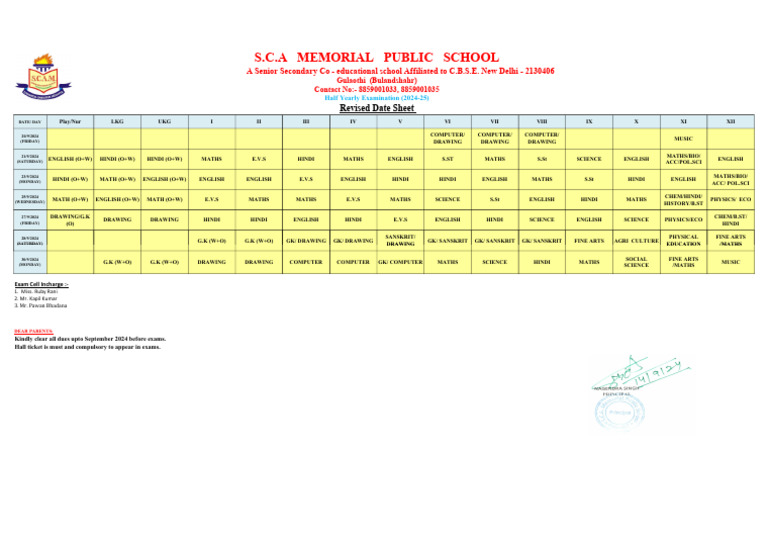 Half Yearly Exam Schedule 2024-25 | PDF