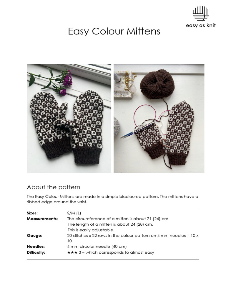 Easy Colour Mittens English | PDF | Knitting | Knitting Needle
