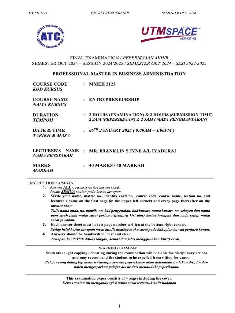 Pmba Entrepreneurship Final Exam - Oct 2024 | PDF | Venture Capital ...