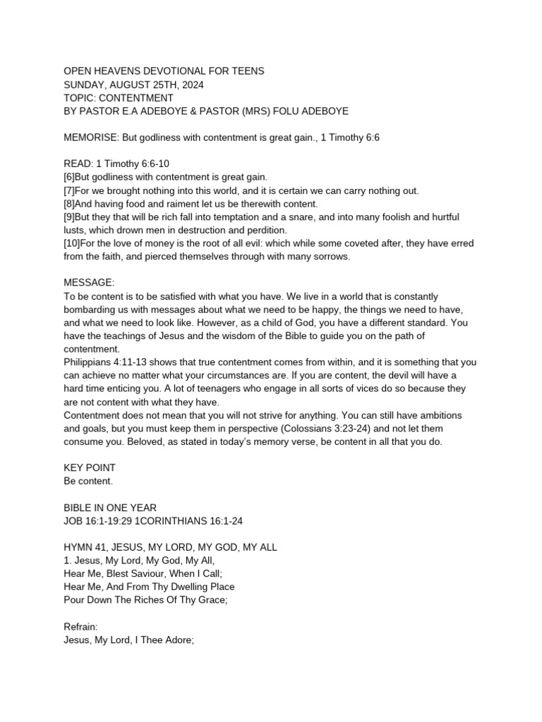 OPEN HEAVENS DEVOTIONAL FOR TEENS Docx August 25th PDF Thou