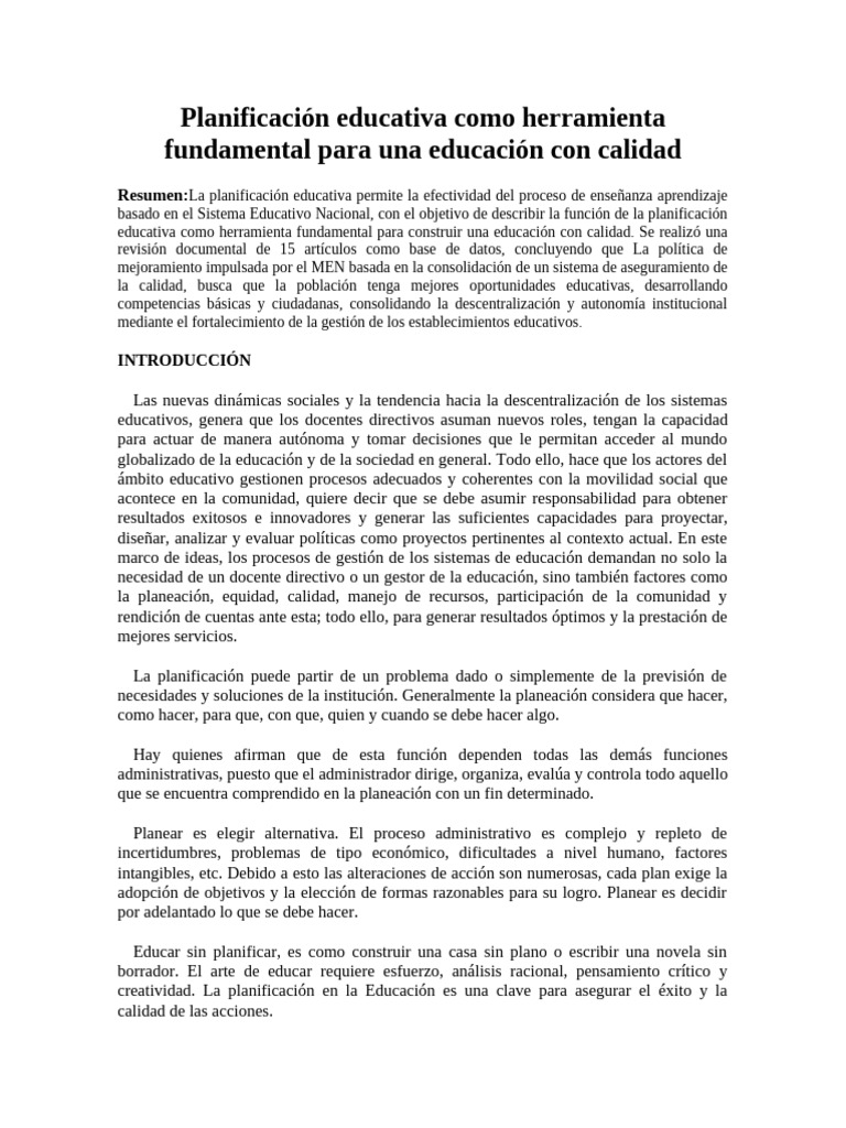 Planificación Educativa para Calidad Escolar | PDF | Planificación ...