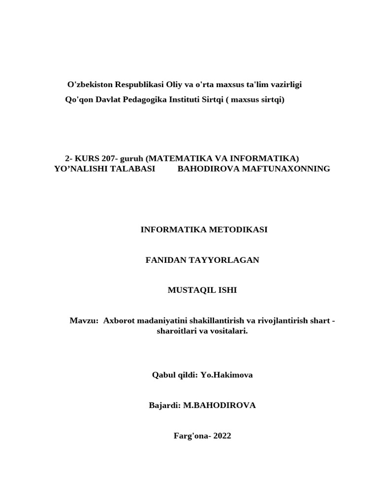 Informatika Metodikasi Fanidan Tayyorlagan Mustaqil Ishi | PDF