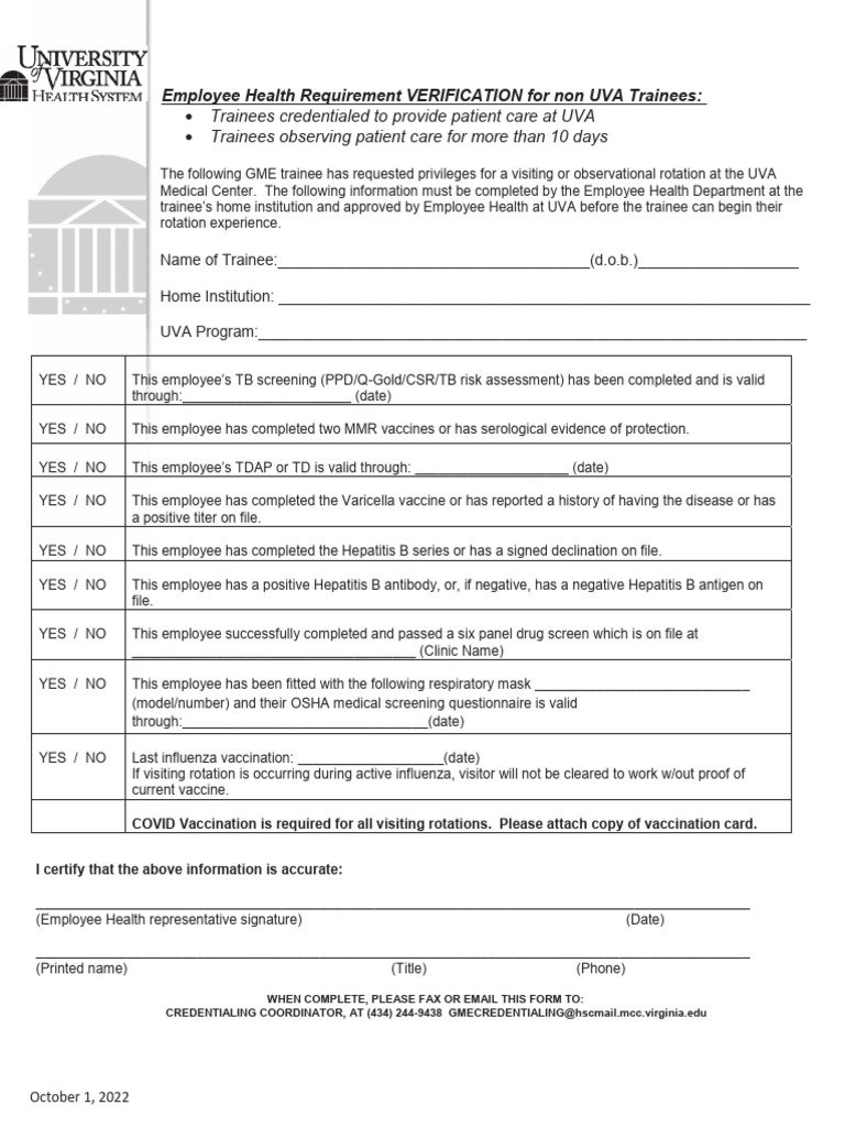 UVA Trainee Health Verification Form | PDF | Hepatitis B | Vaccines