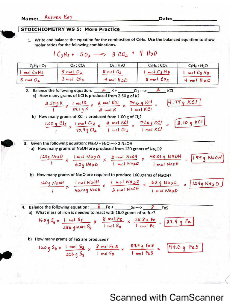 KEY_Stoichiometry WS 5 More Practice | PDF