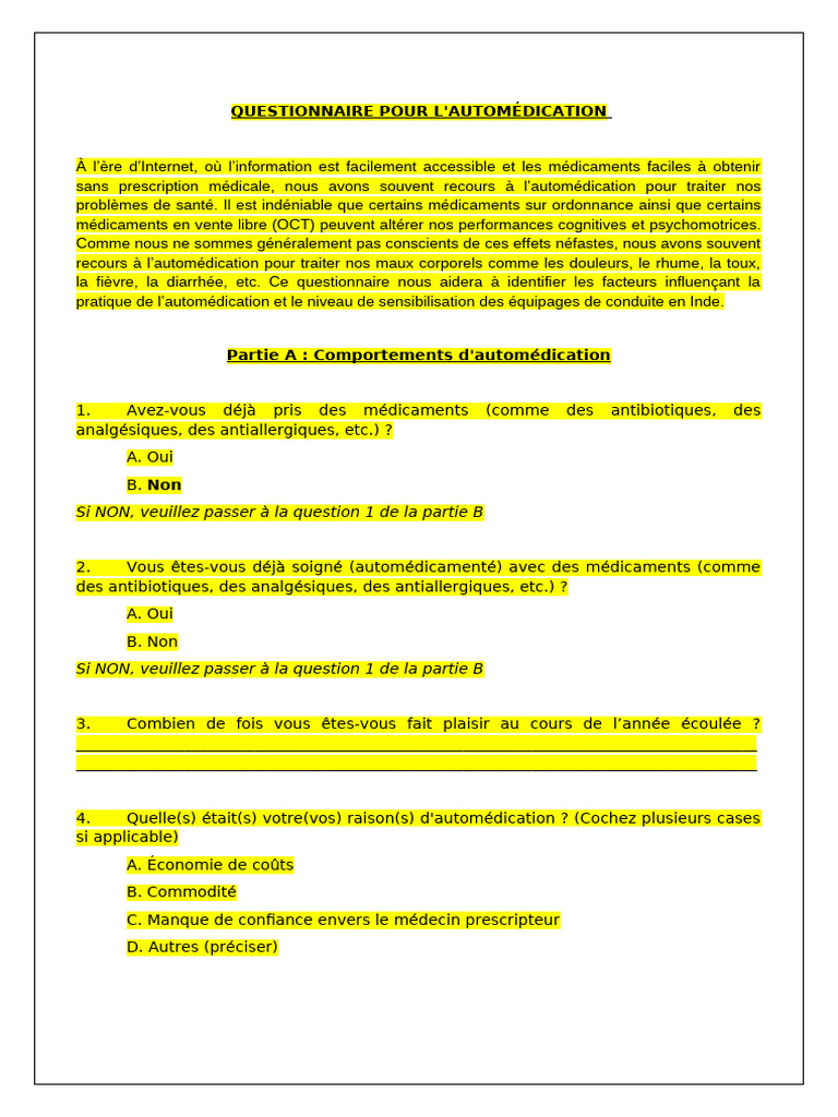 Questionnaire sur l'automédication en Inde | PDF | Médicaments sans ...