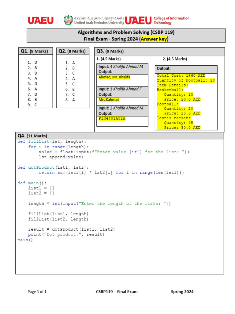 CSBP119 Spring 2024 Final Exam Key | PDF