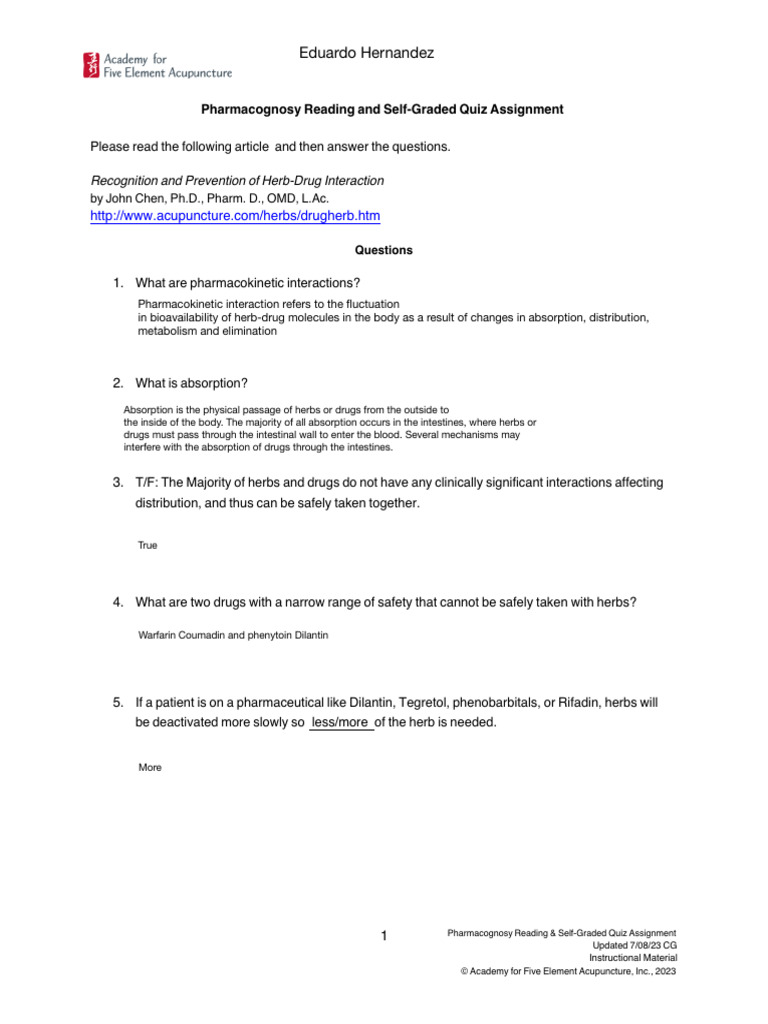 Pharmacognosy Reading & Self-Graded Quiz Assignment | PDF