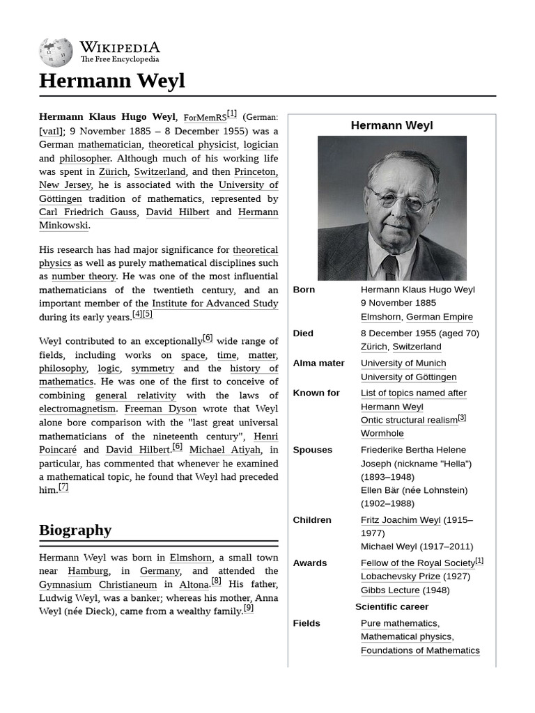 Hermann Weyl: Mathematician & Physicist | PDF | Mathematics