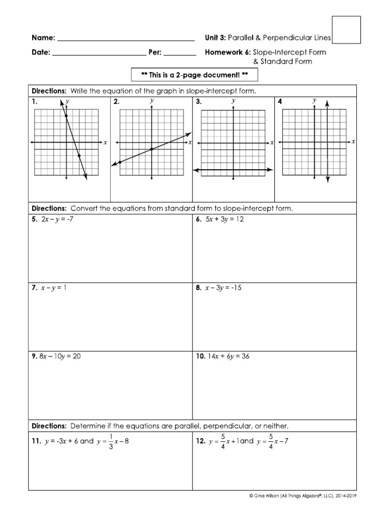 3.4 Slope-Intercept and Standard Form CW | PDF