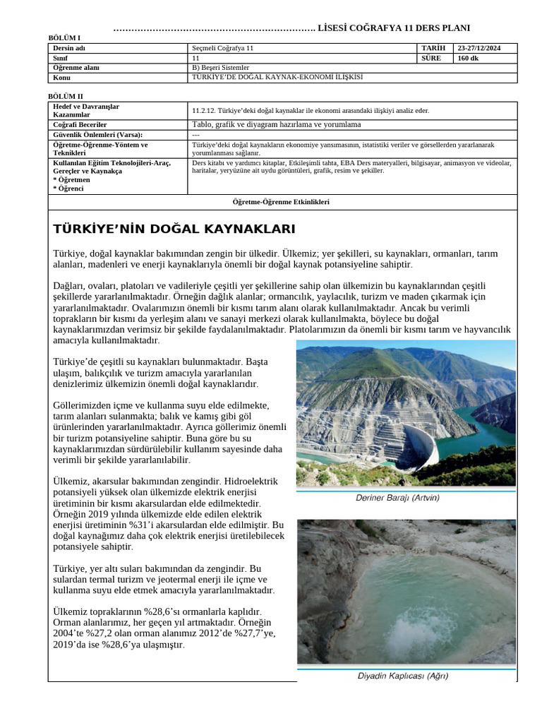 Turkiyede Dogal Kaynak Ekonomi Iliskisi Gunluk Plan | PDF