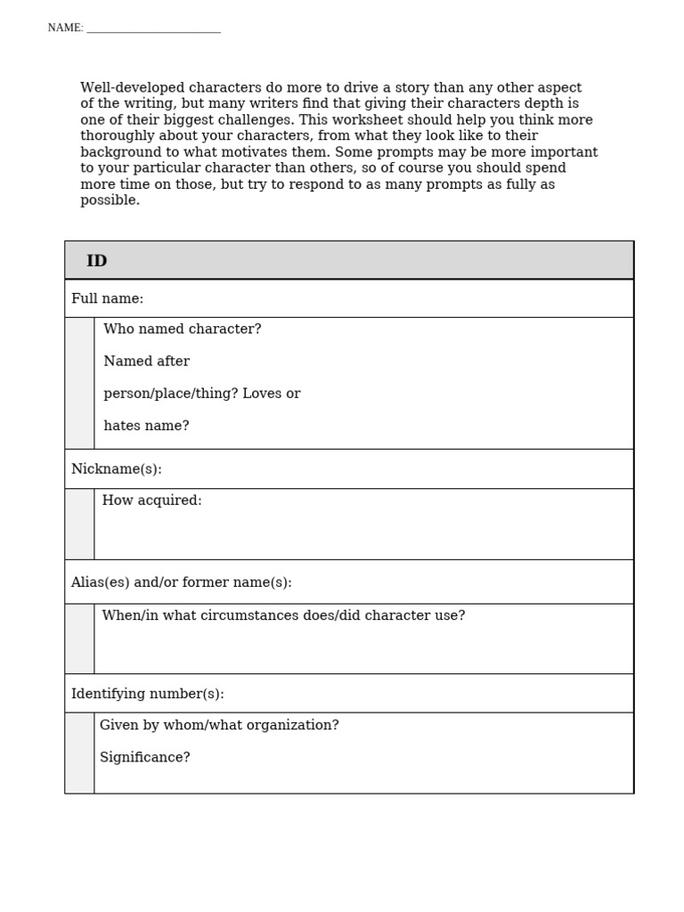 Character Development Worksheet | PDF | Senses | Behavioural Sciences