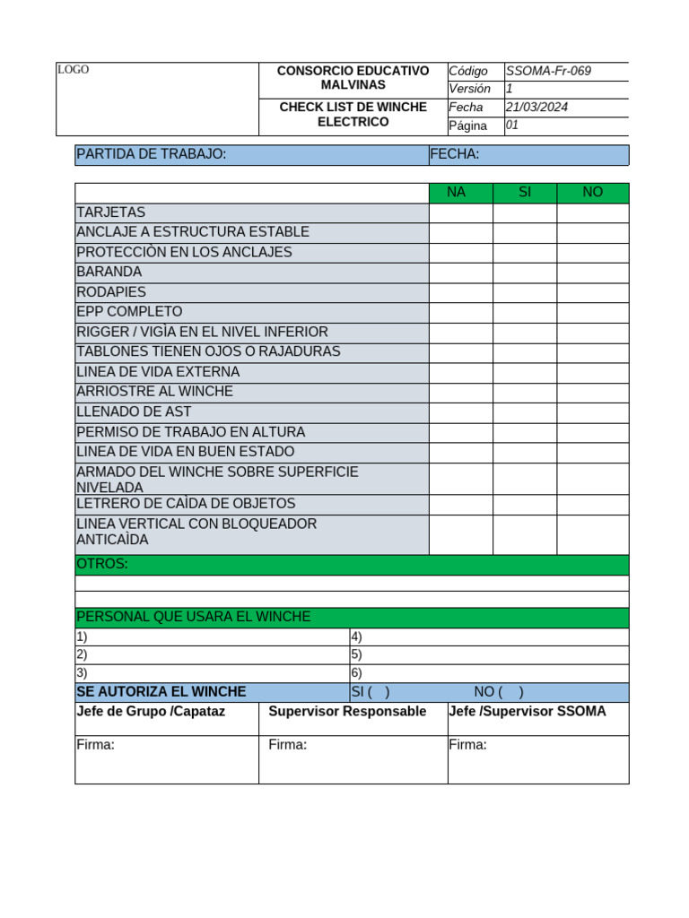 Checklist de Seguridad para Winche Eléctrico | PDF