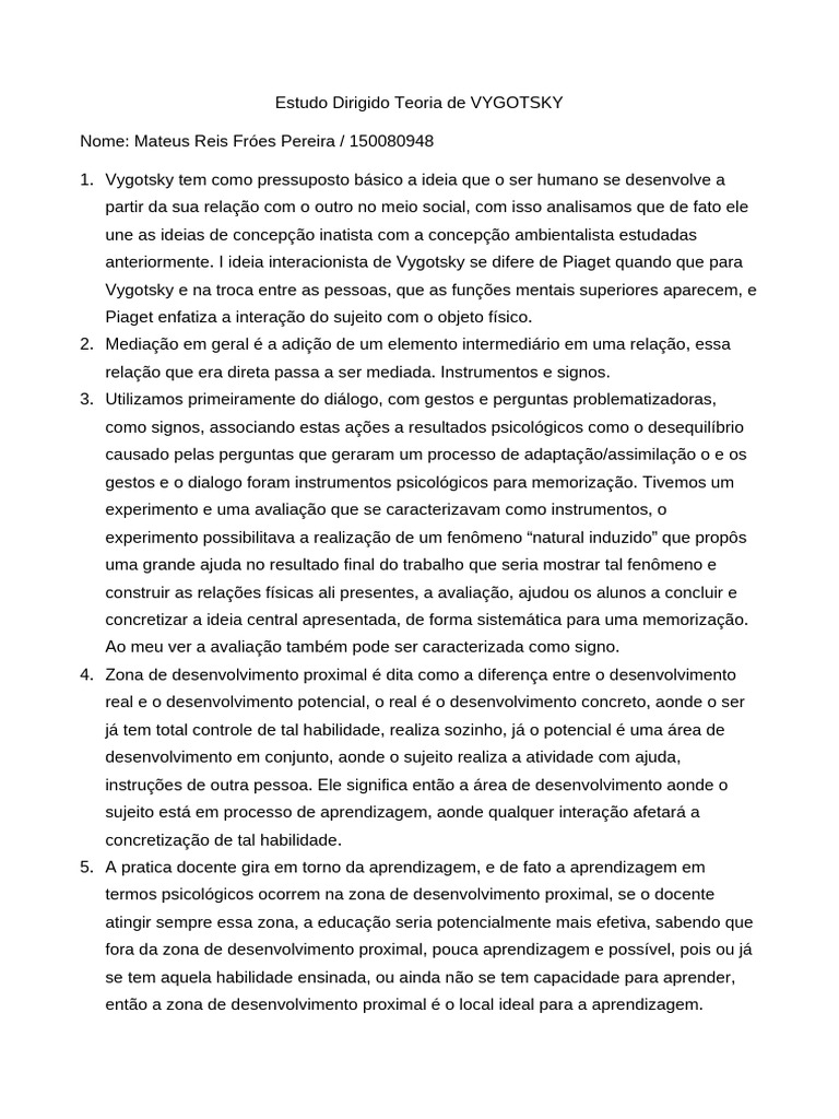 Teoria de Vygotsky e Aprendizagem Social | PDF | Aprendizado | Cognição