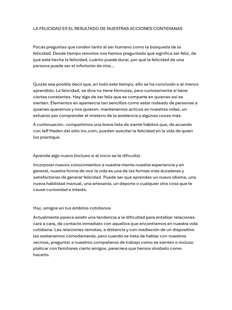La Felicidad Es El Resultado de Nuestras Acciones Contidianas | PDF ...