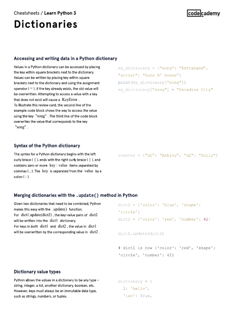 Learn Python 3 - Dictionaries Cheatsheet | PDF