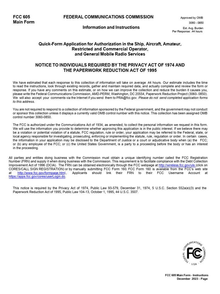 FCC 605 Form Instructions Guide | PDF | Federal Communications Commission