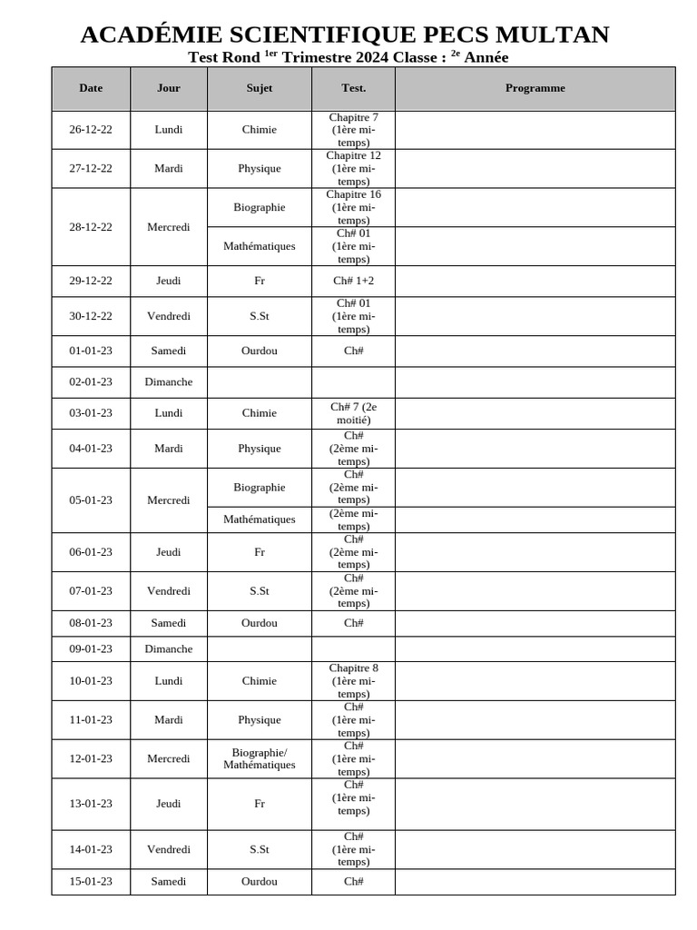 Emploi Du Temps Des Tests 2ème Année | PDF | Sciences physiques ...