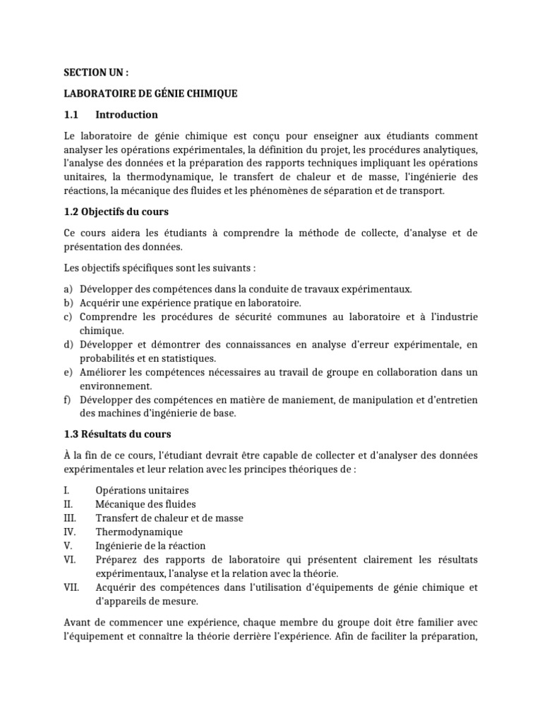 Laboratoire de Génie Chimique : Objectifs et Rapports | PDF | Chimie ...