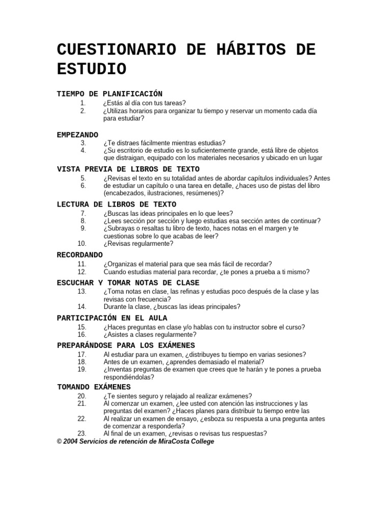 Cuestionario de Hábitos de Estudio Efectivos | PDF