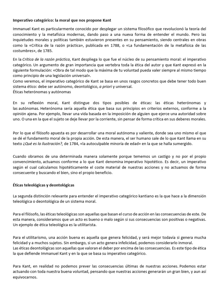 Imperativo Categórico en Kant | PDF | Immanuel Kant | Moralidad